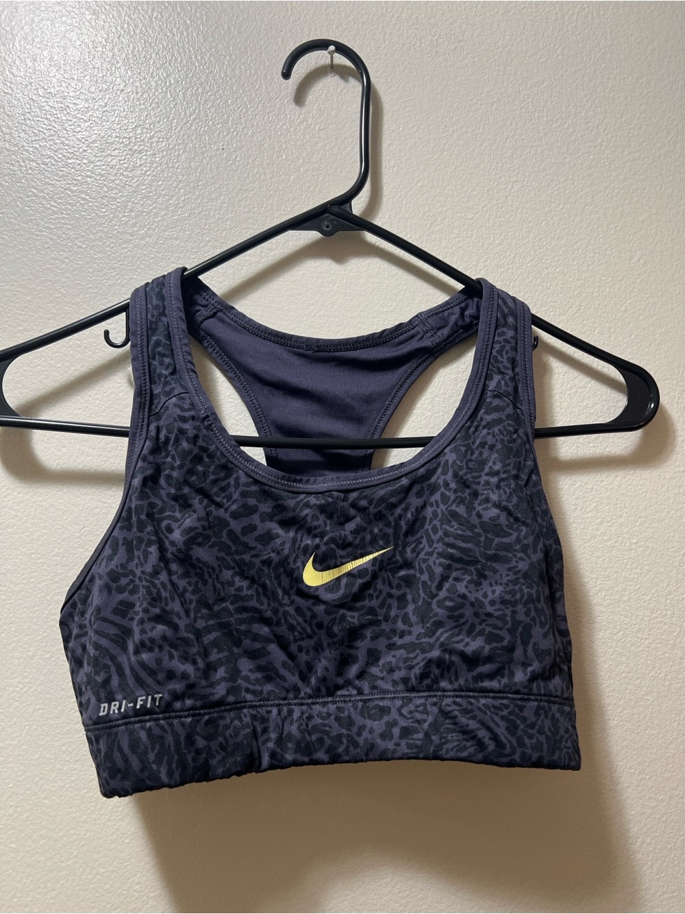 Nike Black Leopard Print Sports Bra with Yellow Swoosh